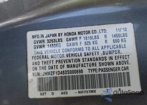 2013 Honda Cr-Z z USA, uszkodzony, nr VIN JHMZF1D48DS000698